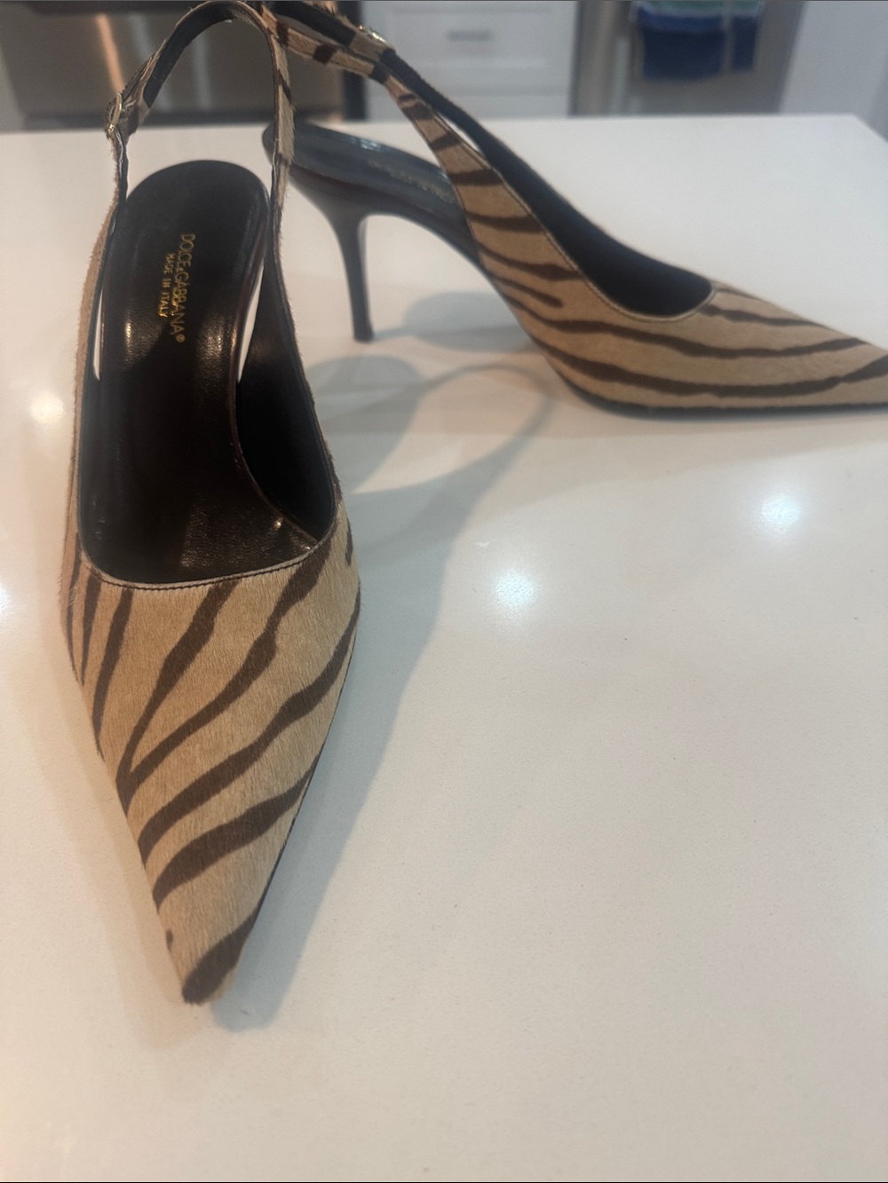 Dolce & Gabbana Beige and Black Zebra-Print Slingback Pumps